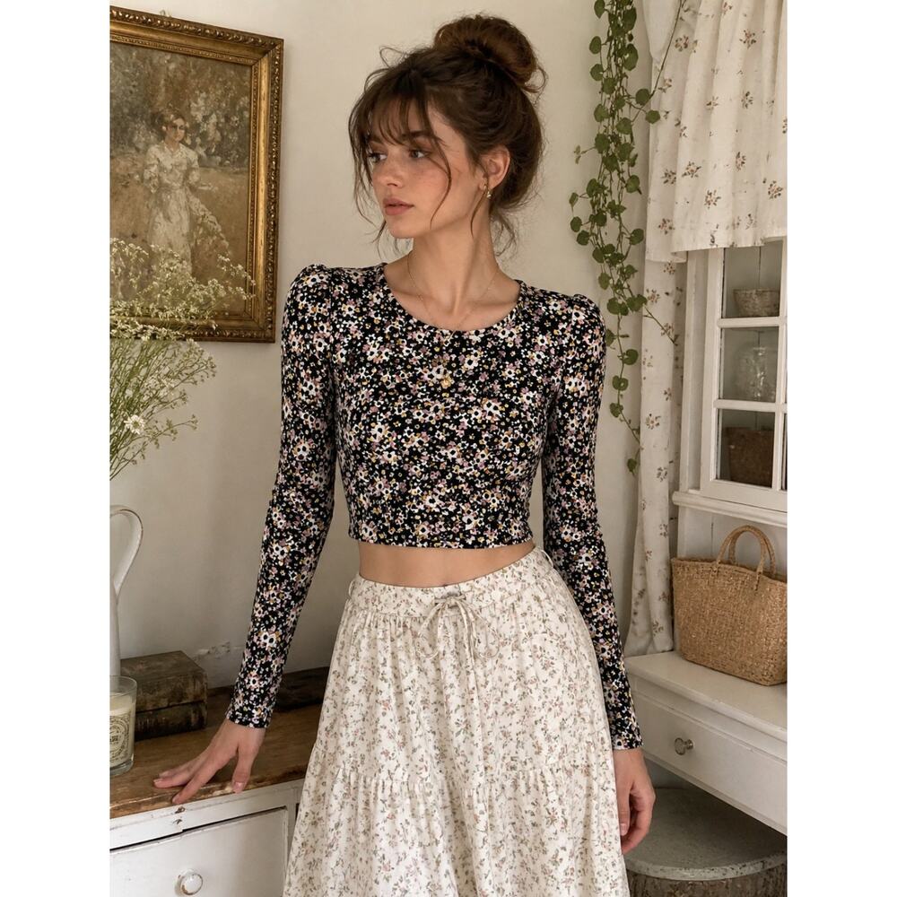 Y2K Ditsy Floral Crop Top Fairycore Coquette Long Sleeve Baby Tee Cottagecore S